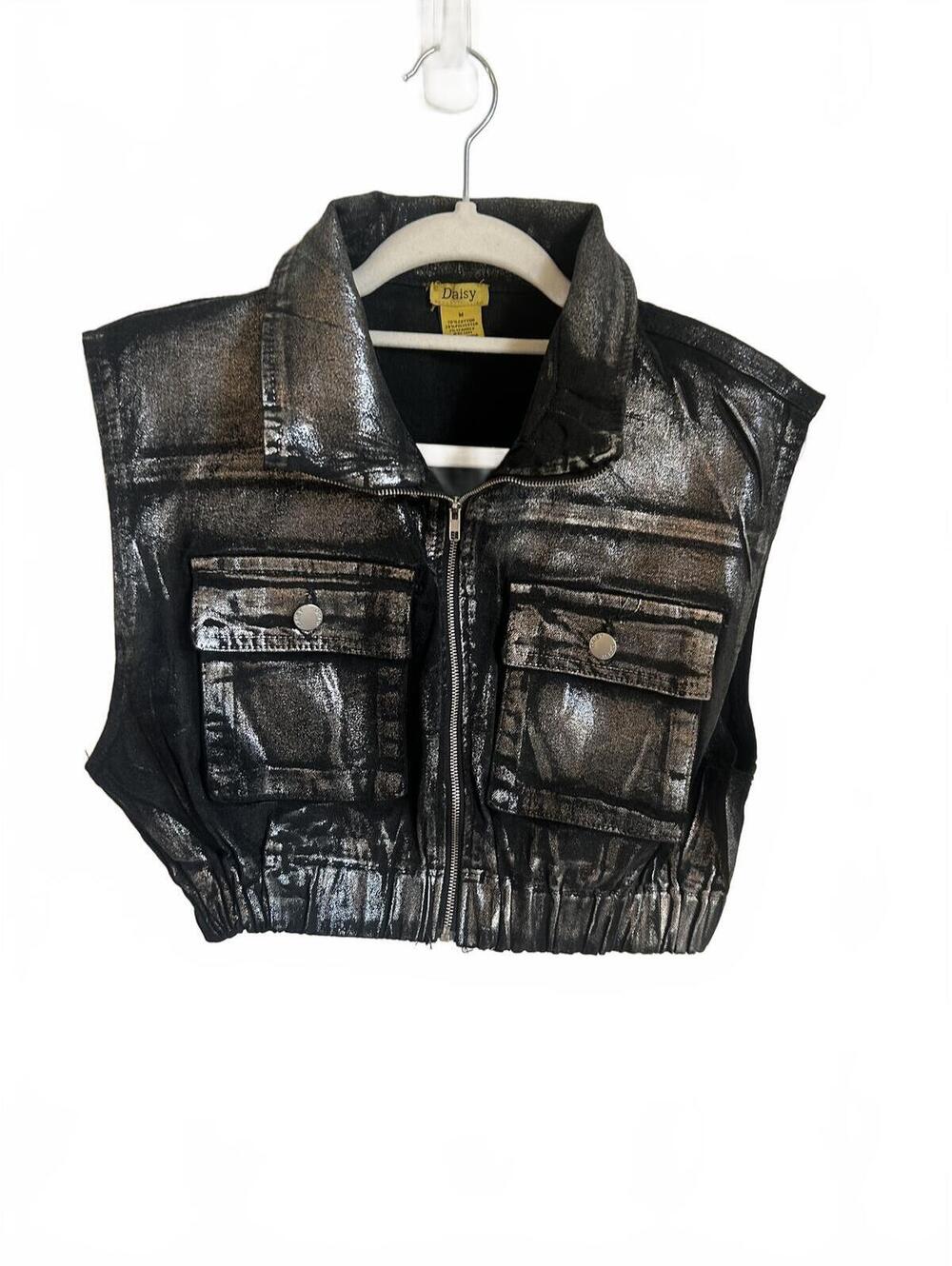 Daisy Metallic Black Sleeveless Zip-Up Cropped Vest - Medium